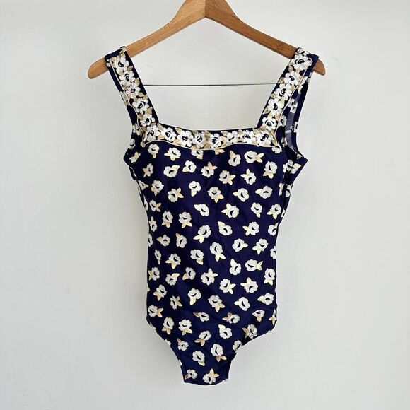 Gottex Swimsuit Medium Navy Floral Metallic Coastal One Piece Modest VTG 70s - Picture 4 of 14